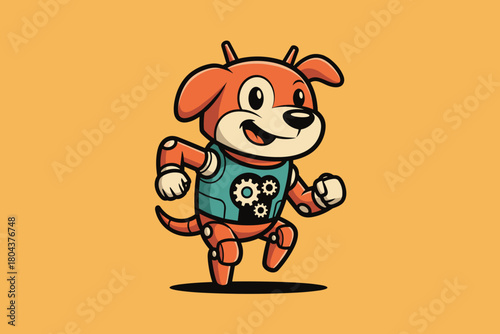 Cute robotic dog character with gears on chest running happily.