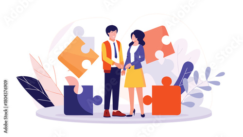Modern flat illustration of a man and woman standing together representing partnership relationships or teamwork with a clean minimalist aesthetic