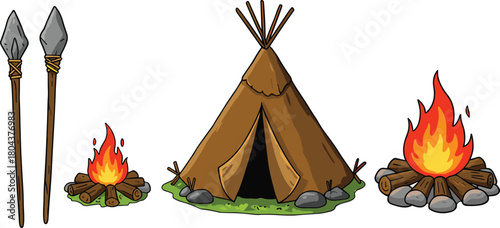 tribal camp scene with teepee tent burning campfires wooden spears survival tools indigenous style illustration cartoon outdoor adventure environment isolated design
