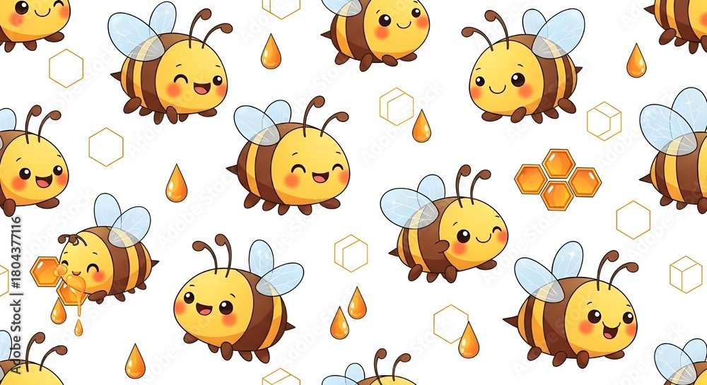 Obraz premium Seamless pattern of happy cartoon bees with honey drops and honeycombs, perfect for kids’ designs and playful backgrounds.