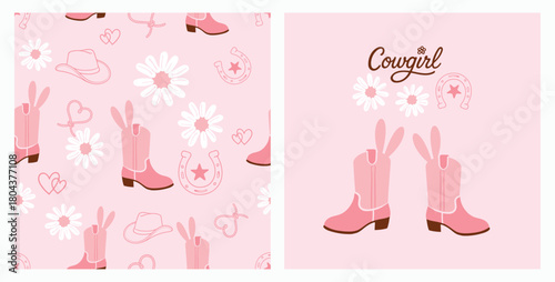 Pink cowgirl boots with bunny ears seamless pattern vector set, western daisies hearts, hand written fonts and horseshoes on pastel background, cute feminine country design for fabric and cards.