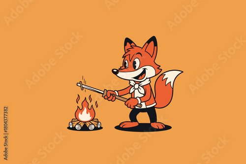Cartoon Fox Roasting Marshmallow Over Campfire.