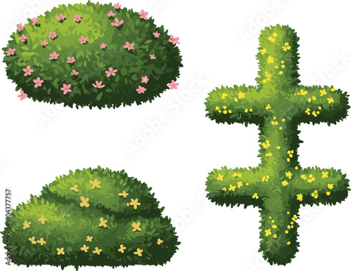 flowering green bushes and decorative topiary shapes with yellow and pink blossoms perfect for landscape design botanical illustrations garden decoration and nature scenes