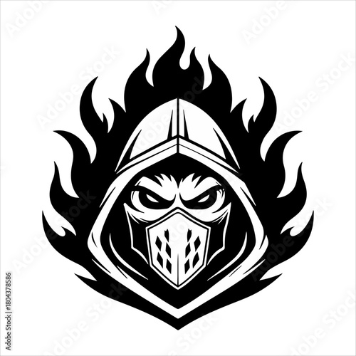 Mysterious assassin with a fiery aura isolated on white background, embodying stealth and danger in the shadows