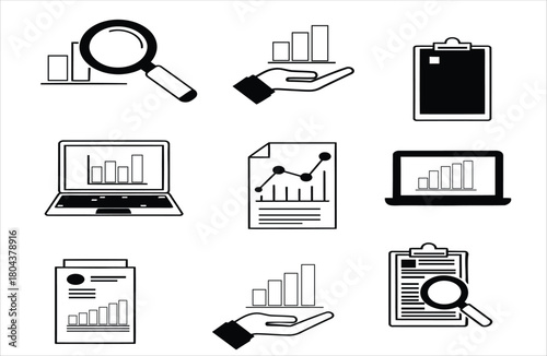 Collection of business and financial analysis icons with charts graphs and magnifying glass