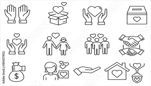 Collection of hand drawn icons representing charity love and generosity with hearts and helping hands