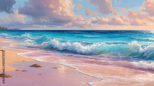Serene Seascape: A tranquil seaside panorama reveals a gentle ebb of waves caressing a sandy shoreline. The sky transitions from a soft peach hue to a delicate blue, mirroring the calm waters.