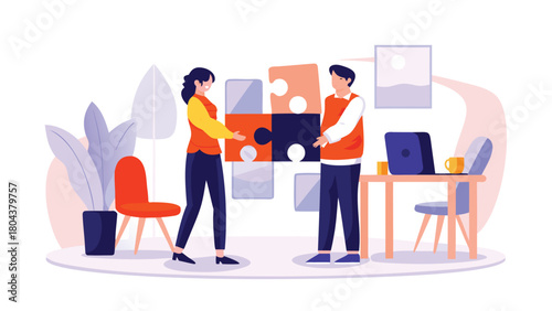 Two people collaborating and combining their efforts to build or create something represented by abstract rectangular shapes and diverse color elements