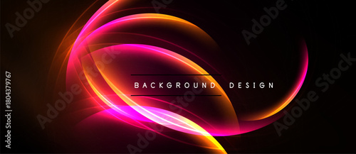 Abstract flowing lines create vibrant energy. Pink, orange hues contrast against dark background. Text reads background design.