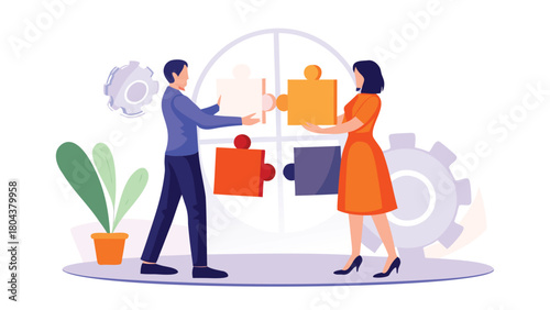 Modern flat illustration of a man and woman collaborating aligning elements symbolizing teamwork partnership and shared goals in a professional or personal context