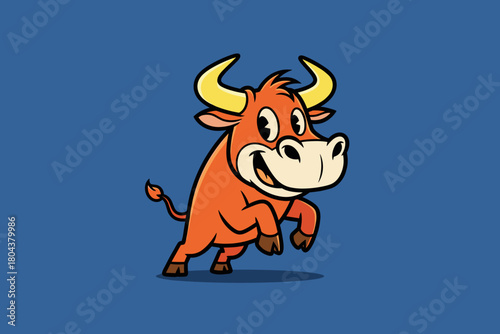Cartoon Bull Character Running with Joyful Expression.