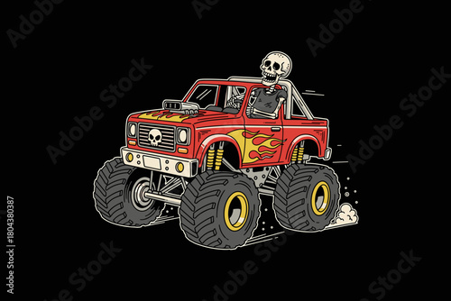 Skeleton Driving a Red Monster Truck with Flames.