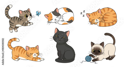 Collection of Six Adorable Cartoon Kittens in Various Poses and Colors.