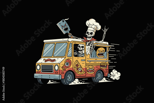 Skeleton chef driving a food truck with a spooky theme.
