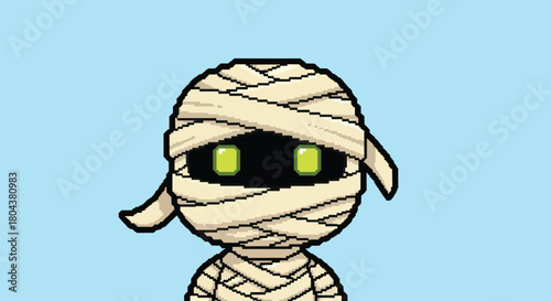 Cute Cartoon Mummy Character with Glowing Green Eyes.