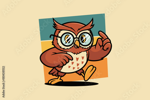 Cute cartoon owl wearing glasses and walking with a determined e