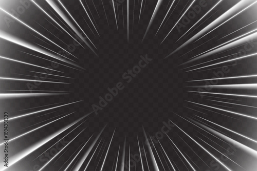 Light zoom speed effect with radial lines on dark background. Dynamic motion burst with perspective tunnel illusion from center, white energy rays for comic book action or technology design backdrop