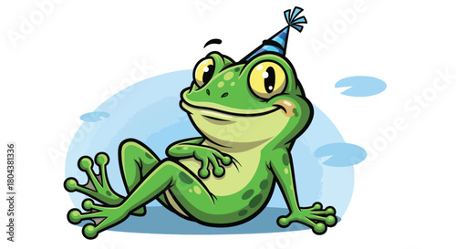 A cheerful cartoon frog wearing a party hat.