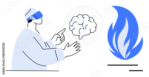 Researcher wearing AR headset examines virtual brain with neural connections near symbolic blue flame. Ideal for innovation, technology, virtual reality, neuroscience, research, creativity, simple