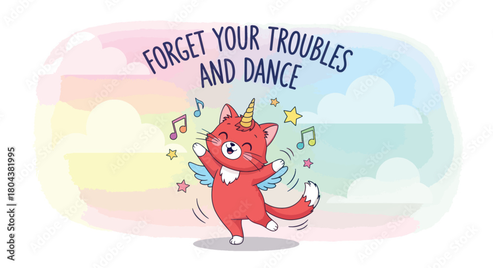 Fototapeta premium Cute Red Cat Unicorn Dancing with Wings and Music Notes.