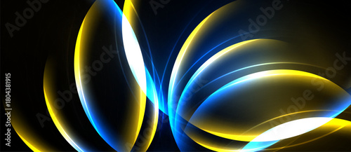 Abstract design features flowing curves, vibrant colors. Blue, yellow, white light creates dynamic visual effect against dark background.