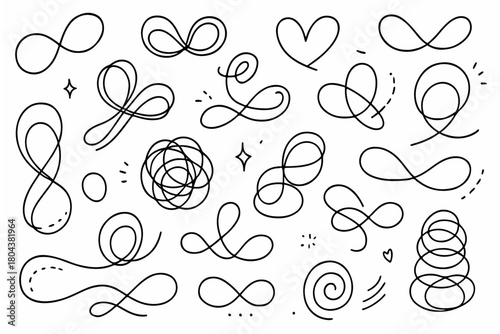 Hand-drawn doodle vector set of abstract loops created in a fun sketchy style, isolated on white background
