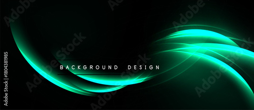 Abstract green light waves over black background. Elegant design, smooth curves, dynamic flow, modern aesthetic. Simple text overlay present.