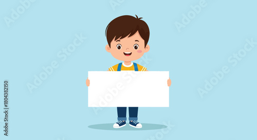 A happy young boy holding a blank white sign for your message.