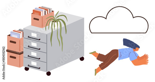 Office file cabinet, storage boxes, plant, reaching person transitioning to cloud. Ideal for data storage, digital transformation, modern work, organization, innovation cloud computing simple flat
