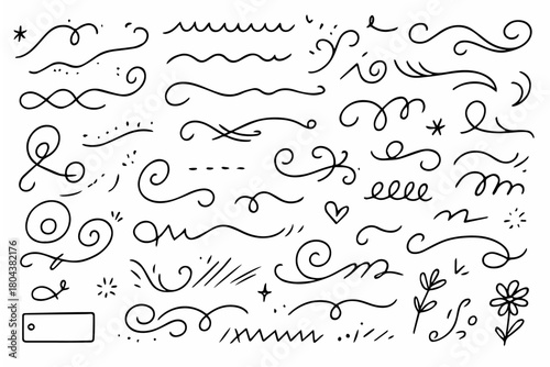 Hand-drawn doodle vector set of abstract ornamental lines created in a playful sketchy style, isolated on white background
