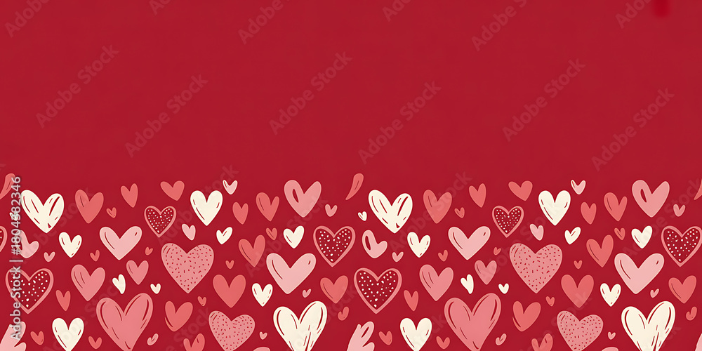 Obraz premium Hand drawn heart pattern border on red background for valentines day