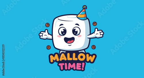 Cute Marshmallow Character Celebrating with Party Hat and Text Mallow Time.