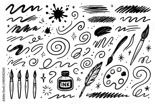 Hand-drawn doodle vector set of artistic brush and ink elements created in a fun sketchy style, isolated on white background
