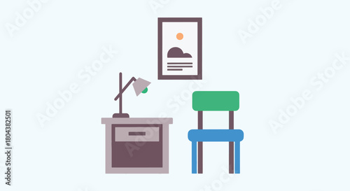 Minimalist illustration of a nightstand with a lamp and a chair.