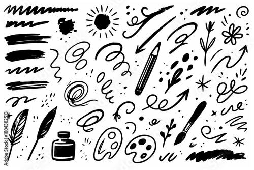 Hand-drawn doodle vector set of artistic brush and ink elements created in a sketchy style, isolated on white background
