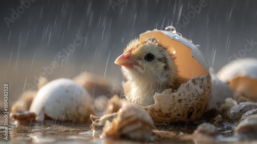 tiny, fragile bird just hatched from a broken egg, wet feathers glistening, sitting amidst delicate shell fragments, with soft light highlighting its new life and the tender beginning of its journey