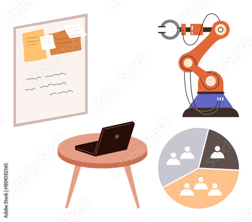 Robotic arm next to a laptop on a wooden desk, a bulletin board with notes, and a pie chart of team collaboration. Ideal for innovation, teamwork, technology, planning, industry 4.0 brainstorming