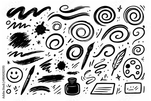 Hand-drawn doodle vector set of artistic brush and ink elements created in a playful sketchy style, isolated on white background
