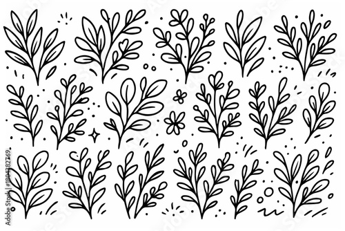 Hand-drawn doodle vector set of botanical shape clusters created in a fun sketchy style, isolated on white background
