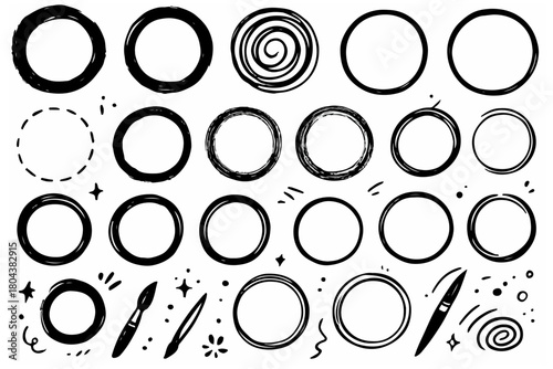 Hand-drawn doodle vector set of brush circles created in a sketchy fun ink-pen style, isolated on white background
