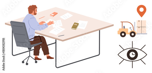 Man reading papers at desk, surrounded by logistics symbols including forklift, packaged goods, location marker, and clock in eye illustrating supply chain management. Ideal for planning, warehouse