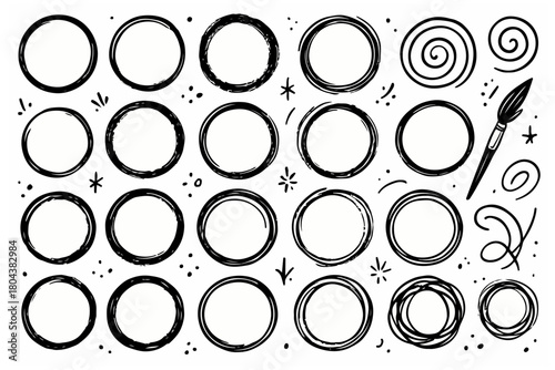 Hand-drawn doodle vector set of brush circles created in a sketchy fun style, isolated on white background
