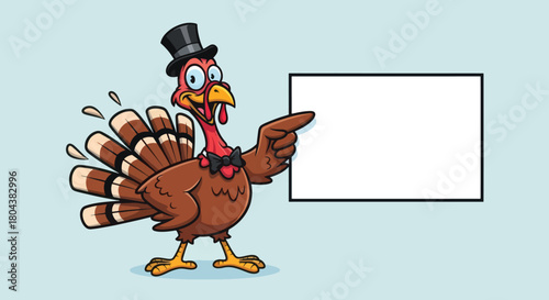 Cartoon Turkey Wearing a Top Hat and Bow Tie Points to a Blank Sign.