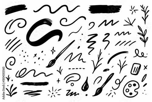 Hand-drawn doodle vector set of brush strokes created in a playful sketchy style, isolated on white background
