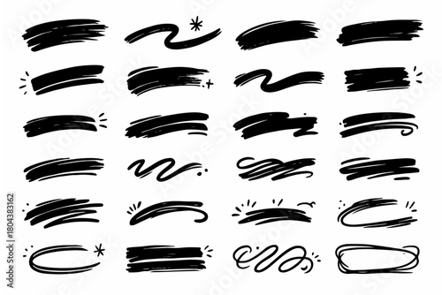 Hand-drawn doodle vector set of brush-style highlighter lines created in a fun sketchy style, isolated on white background
