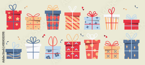 Christmas Gift Stack, Birthday Present Gift Box Set, Flat Style Illustration