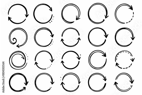 Hand-drawn doodle vector set of circular around arrows created in a fun sketchy style, isolated on white background
