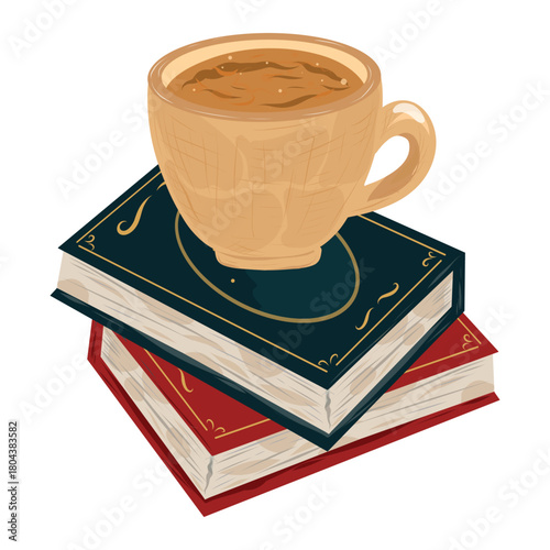 Coffee mug on book stack. Cozy vector illustration. Hot drink illustration. Study atmosphere