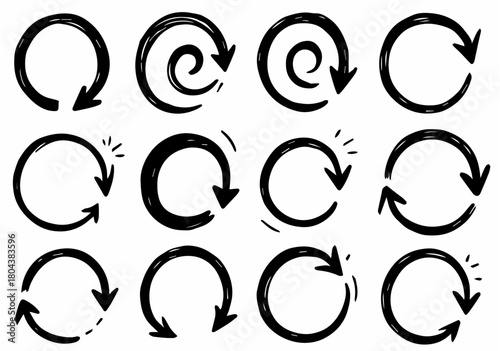 Hand-drawn doodle vector set of circular around arrows created in a fun sketchy style, isolated on white background
