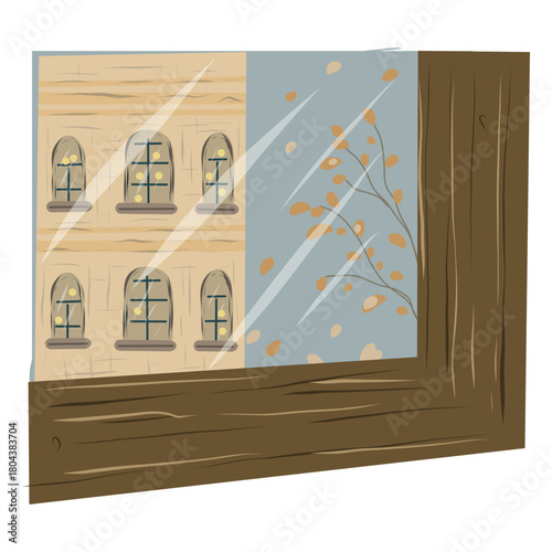 Cozy window scene. Window view illustration. Home interior aesthetic. Hand drawn vector illustration
